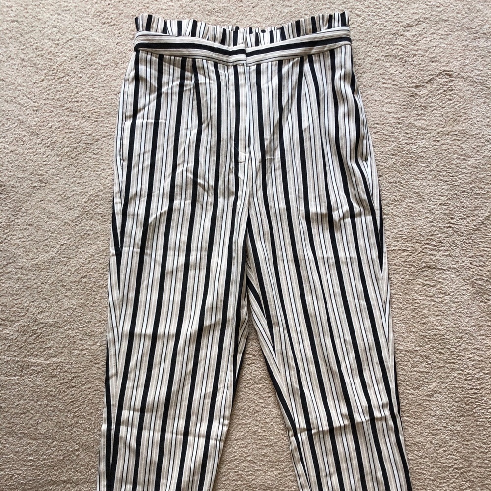 Express High Rise Ankle Striped Paperbag Pants Trousers White Black New Hi Waist - Picture 2 of 13
